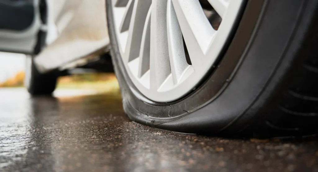 car tyres replacement, A close-up image of a flat tyre